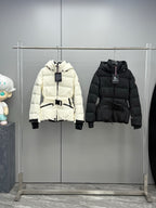 White hooded long puffer jacket with front zipper and black belt detail