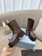 Prada ladies ankle boots, dark brown leather, side buckle straps, thick lug soles