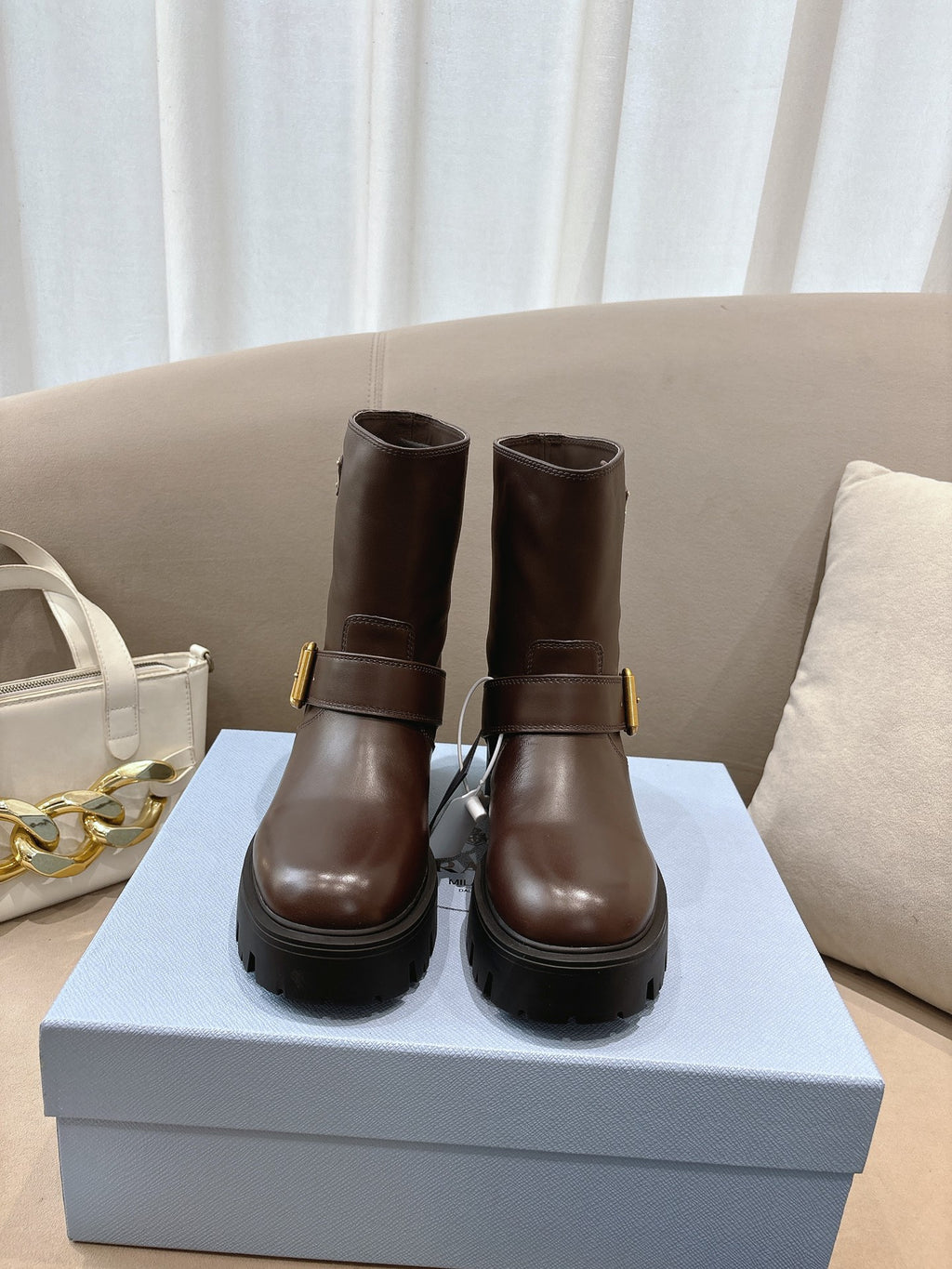 Prada ladies ankle boots, dark brown leather, side buckle, chunky lug sole