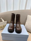Prada ladies ankle boots, dark brown leather, side buckle, chunky lug sole