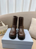Prada ladies ankle boots, dark brown leather, side buckle, chunky lug sole