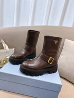 Prada ladies ankle boots, dark brown leather, gold-tone buckle, chunky tread sole