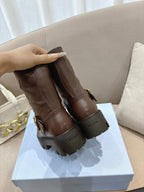 Prada ladies ankle boots, dark brown leather, open-toe view, chunky lug sole
