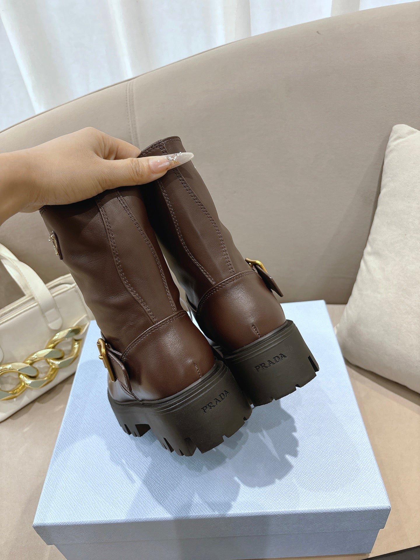 Prada ladies ankle boots, dark brown leather, open-toe view, chunky lug sole