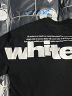 Black Off-White T-shirt back with large white 'whte' graphic and text above