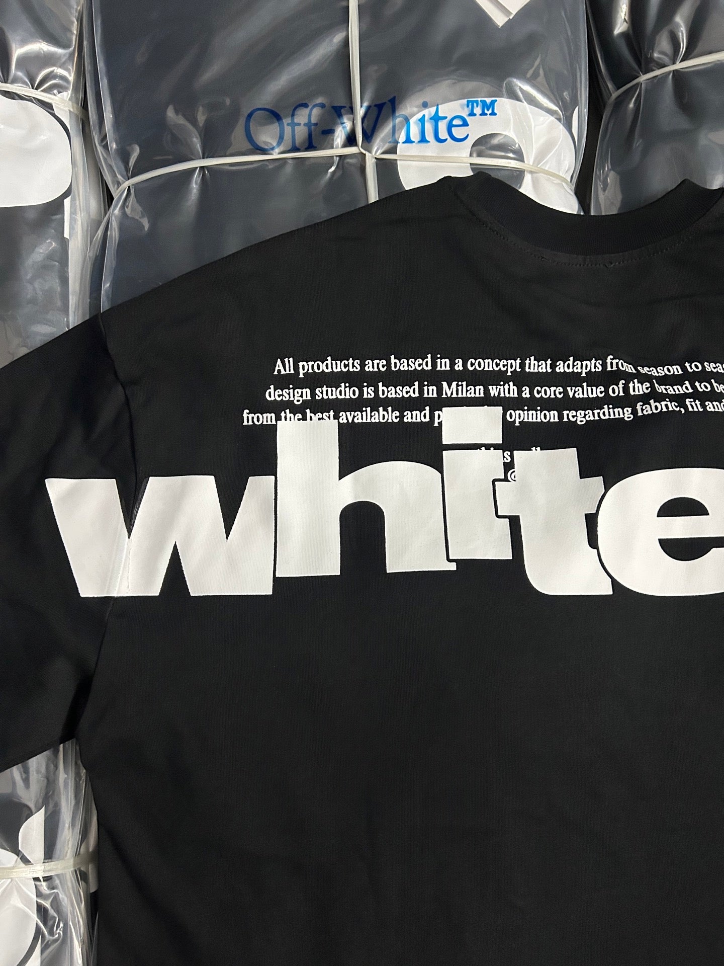 Black Off-White T-shirt back with large white 'whte' graphic and text above