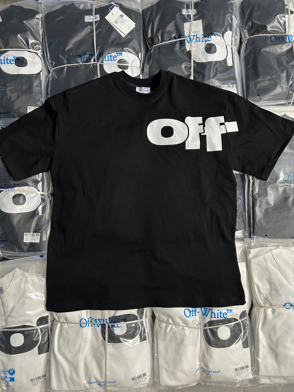 Black Off-White graphic T-shirt with large white 'OFF' logo on chest