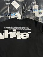 Black Off-White T-shirt back with small text and large white 'whte' graphic