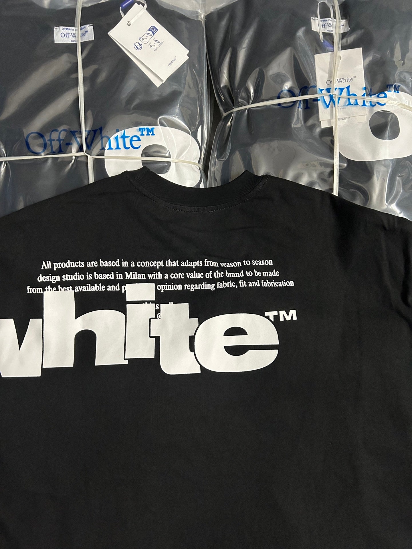 Black Off-White T-shirt back with small text and large white 'whte' graphic