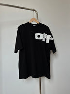 Off White T-shirt with black crew neck and white 'Off' logo front