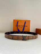 Louis Vuitton monogram belt with gold-tone LV buckle and dark brown strap