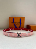 Pink monogram belt with red-and-white pattern and silver LV buckle