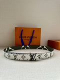 Louis Vuitton belt: white monogram canvas with dark green trim and silver LV buckle