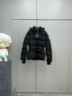 Black hooded long puffer jacket with front zipper and waist belt