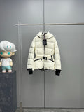 White long puffer jacket with hood, front zipper, black belt detail and logo tag