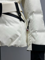 White puffer jacket with zipper placket and black strap hardware, side view