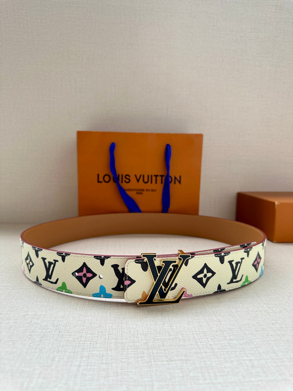 Leather belt with multicolor LV monogram print and gold-tone buckle