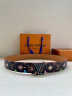 Louis Vuitton belt with navy monogram canvas, multicolor motifs, silver LV buckle