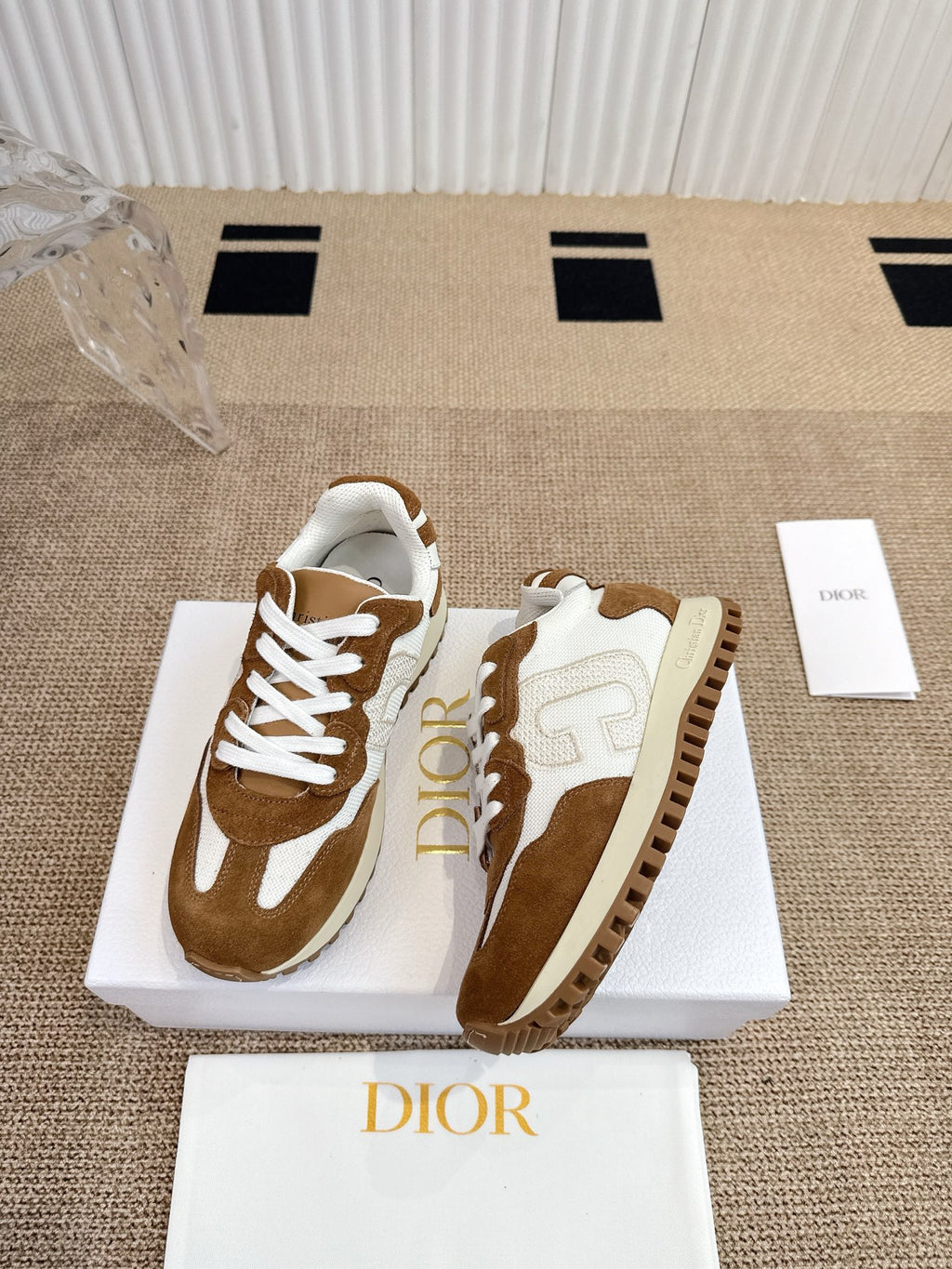 Dior unisex sneakers, brown suede and white leather with lace-up front.