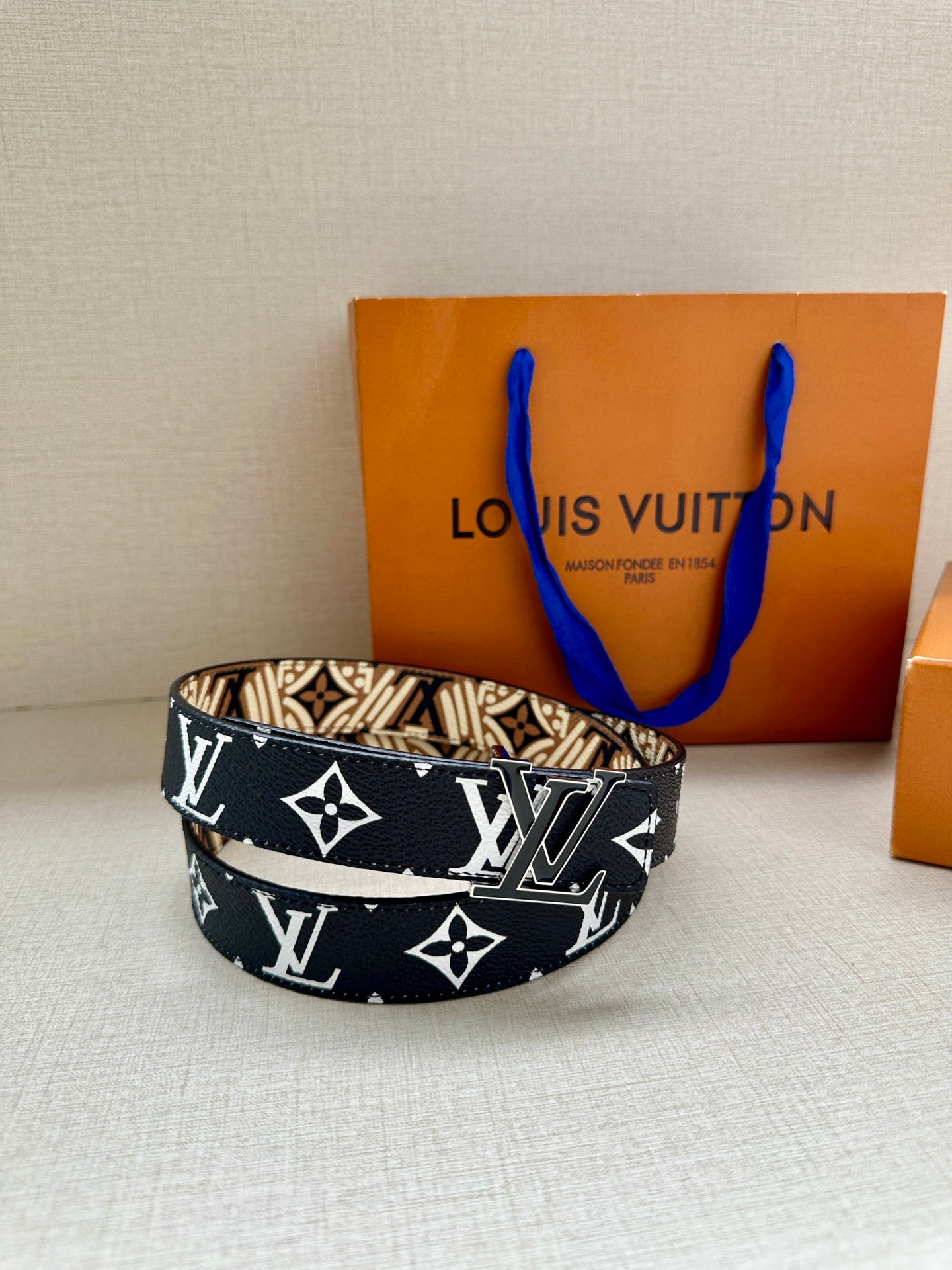 Louis Vuitton monogram belt, dark blue with white LV and star pattern
