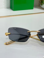 Sunglasses close-up with dark lenses and gold frame arms