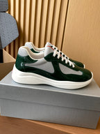 Prada unisex green-and-white low-top sneakers, side view, white sole