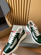 Prada unisex green patent sneakers with white laces and textured toe