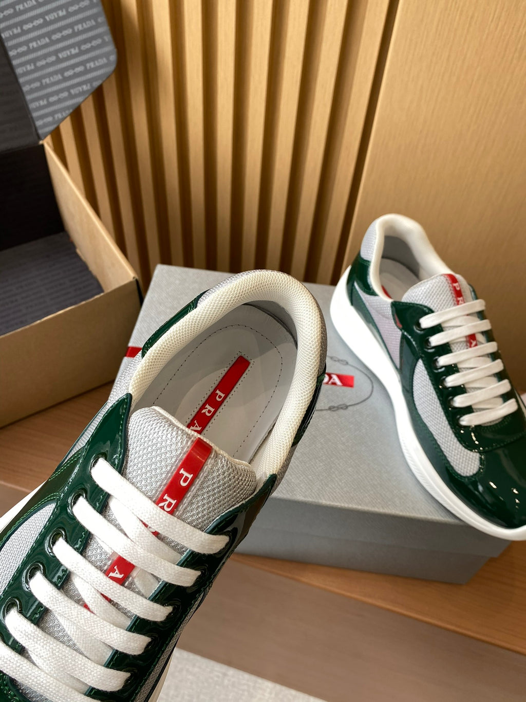 Prada unisex green sneakers with white laces, view of inner label