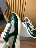 Prada unisex green patent leather sneakers, close-up side and toe