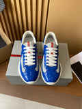 Prada unisex sneakers, blue leather with white laces and white rubber sole