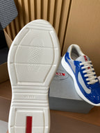 Prada unisex sneaker outsole view, textured white sole with heel branding
