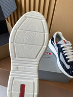 Prada sneaker outsole view in white with textured tread and red logo patch
