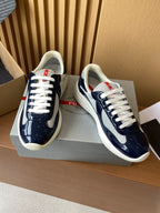Prada lace-up low-top sneakers, navy patent and mesh panels with white laces