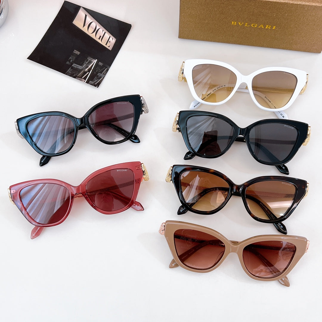 Bvlgari sunglasses assortment with multiple frames and tinted lenses, gold chain accents