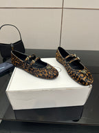 Prada ladies leopard-print loafers with double buckle strap, black topline