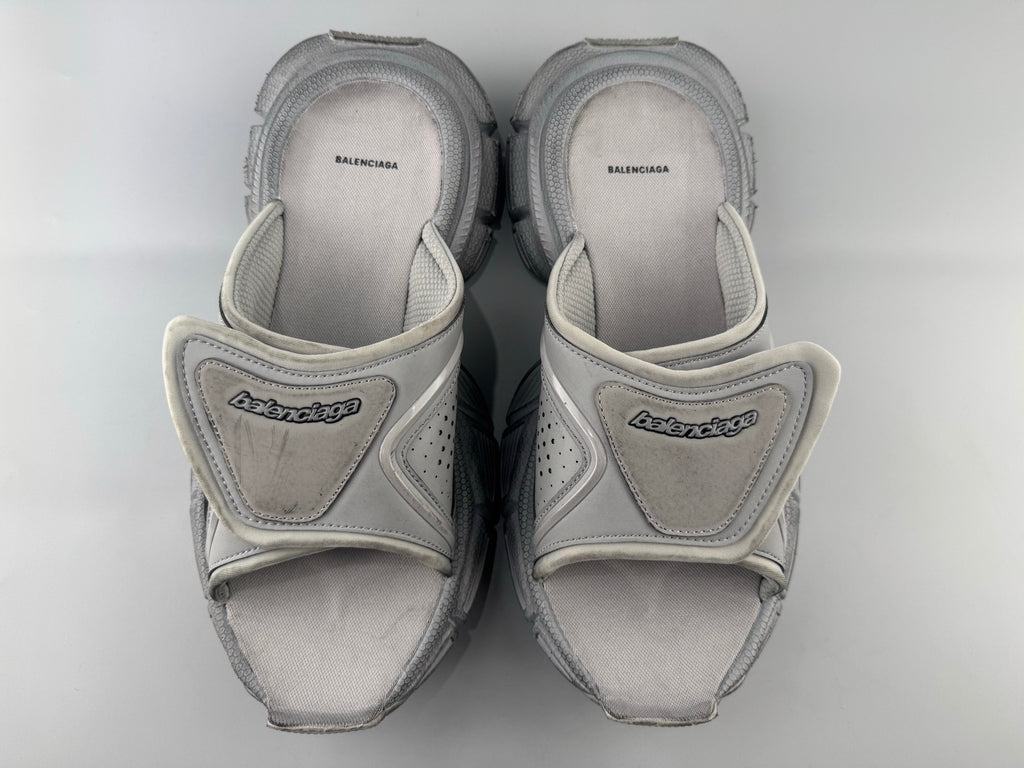 Balenciaga sandals with light gray fabric straps and logo on front
