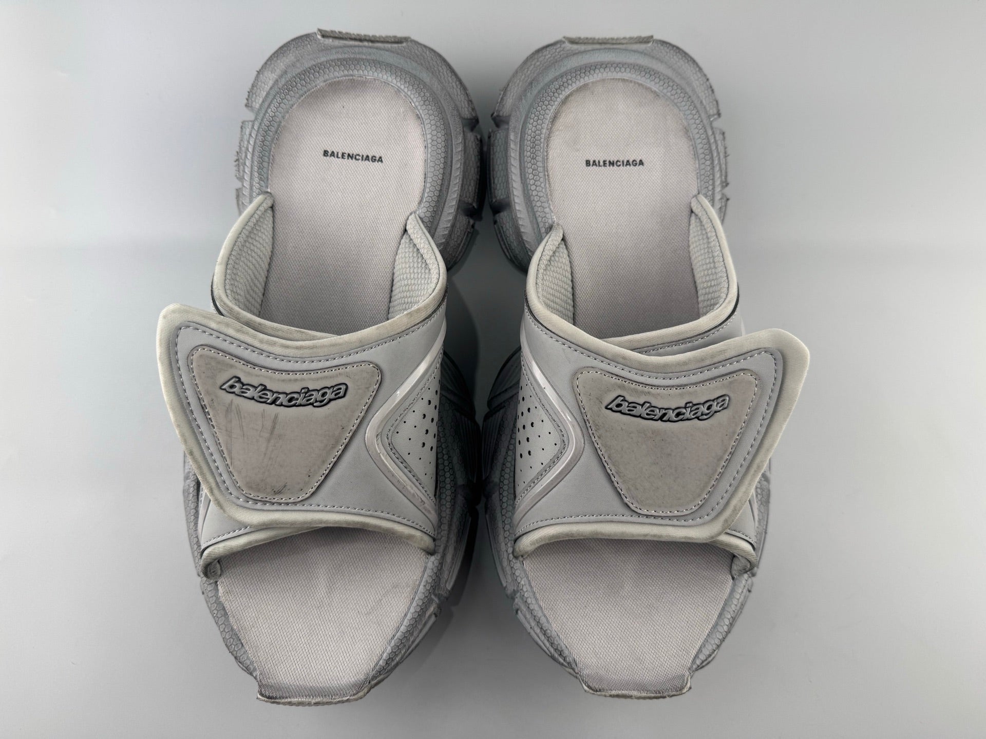 Balenciaga sandals with light gray fabric straps and logo on front