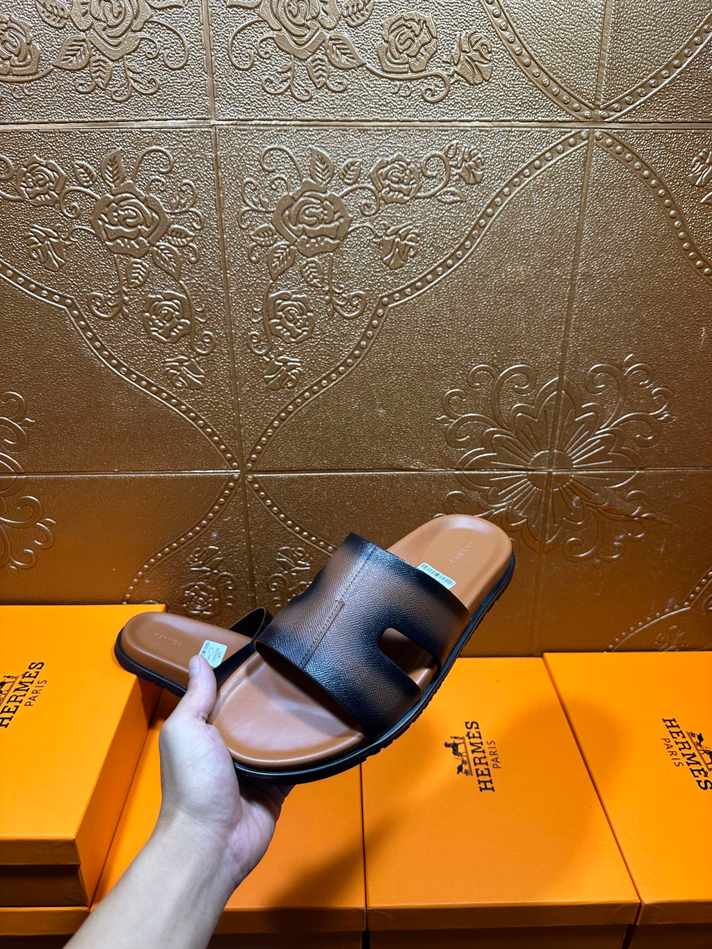 Hermes dark blue leather slide sandals held with side profile and strap label