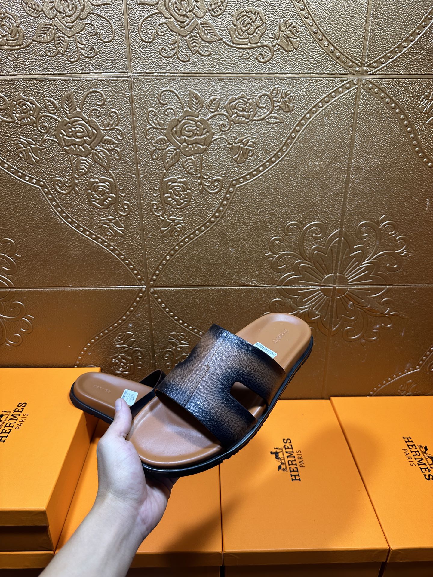 Hermes dark blue leather slide sandals held with side profile and strap label