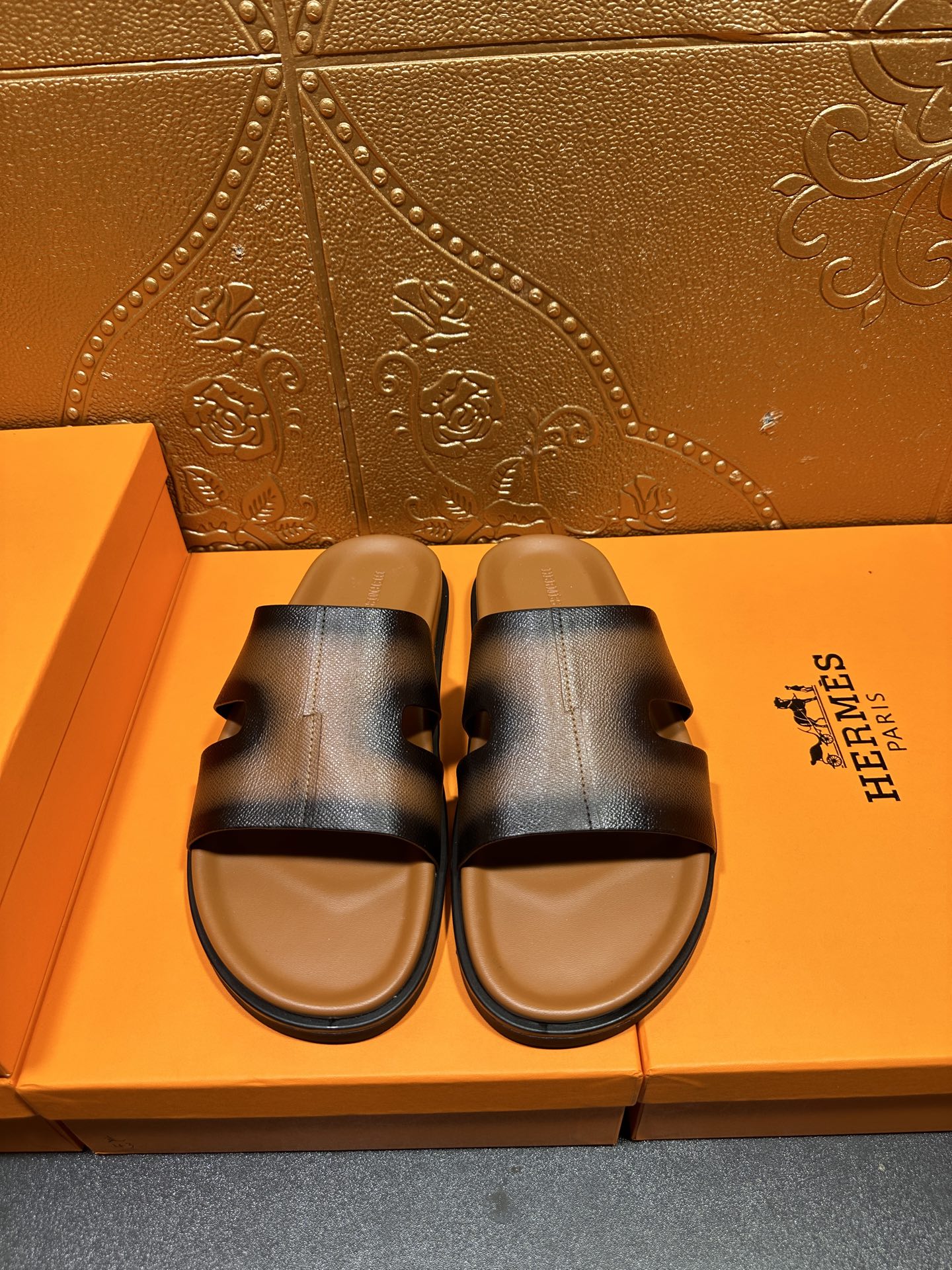 Hermes dark blue leather slide sandals with wide H-style strap, open toe
