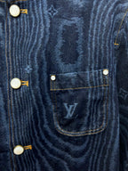 Blue denim jacket chest pocket with flap and round snap buttons