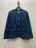 Long-sleeve blue denim jacket with button front and chest flap pockets