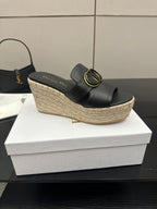 Black leather wedge slide sandal with gold buckle, espadrille platform, single shoe