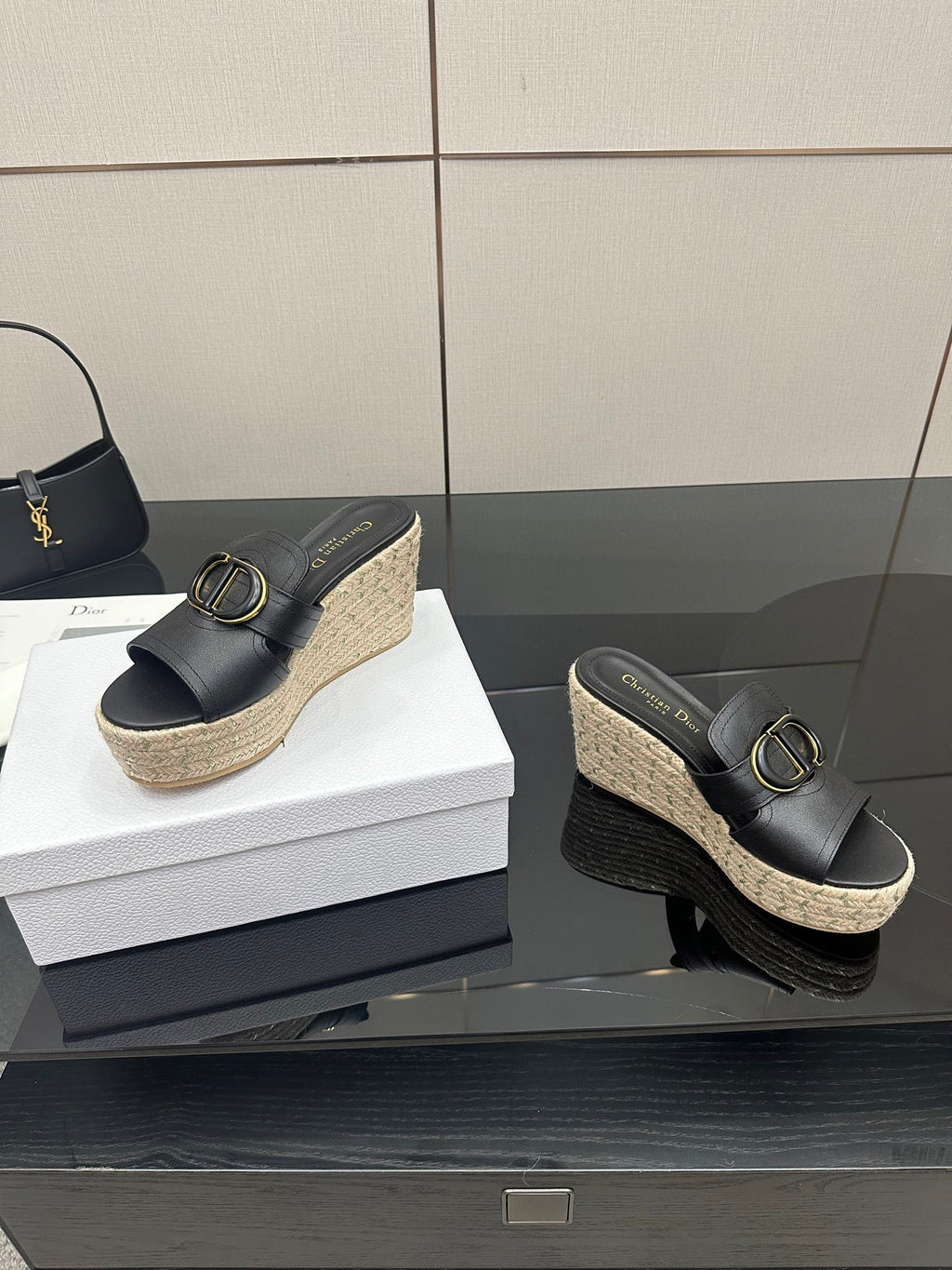 Black leather wedge slide sandals with gold buckle, espadrille platform, two pairs