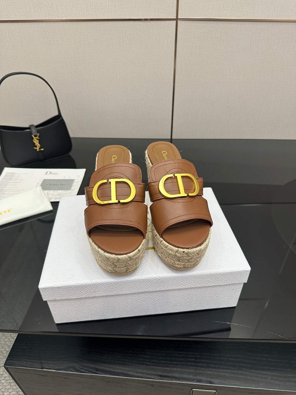 Brown leather slide sandals with gold D buckle, espadrille wedge sole