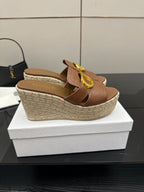 Brown leather mule wedge sandals with gold D buckle, espadrille textured sole