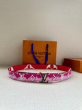 Louis Vuitton belt with pink monogram strap and silver-toned LV buckle.