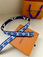 Blue and white monogram belt with gold buckle and orange Louis Vuitton box