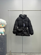 Prada black hooded puffer coat with belt, button front closure and side pockets