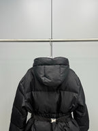 Prada black hooded puffer coat with belt, quilted back view